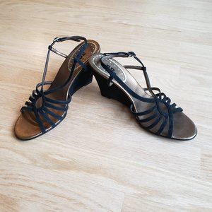 Genuine suede leather strappy wedge heels - Black - Size 8 M - EUC